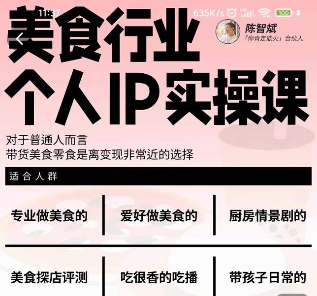 美食行业个人IP实操课，对于普通人而言，带货美食零食是离变现非常近的选择网创吧-网创项目资源站-副业项目-创业项目-搞钱项目八海掘金网创吧