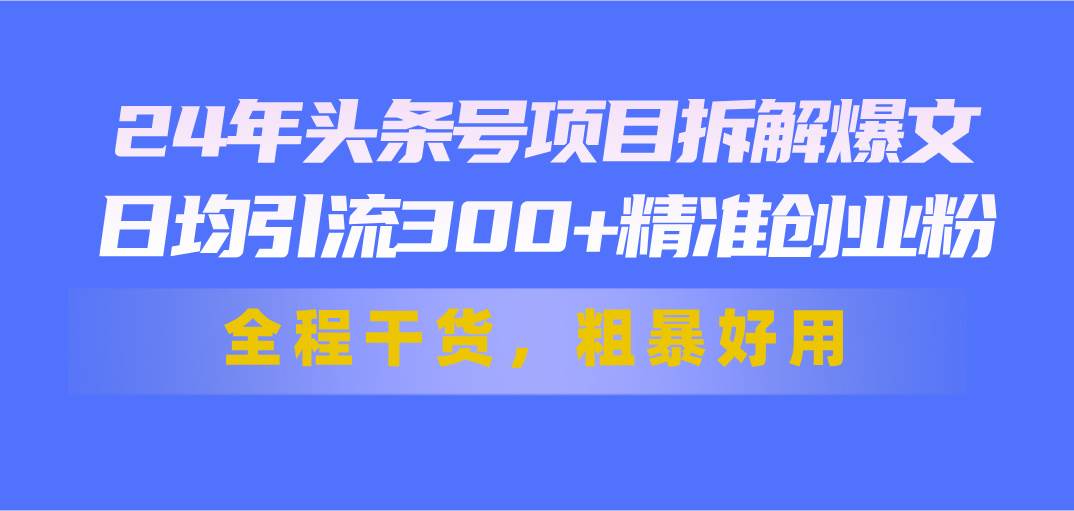 24年头条号项目拆解爆文，日均引流300+精准创业粉，全程干货，粗暴好用网创吧-网创项目资源站-副业项目-创业项目-搞钱项目八海掘金网创吧