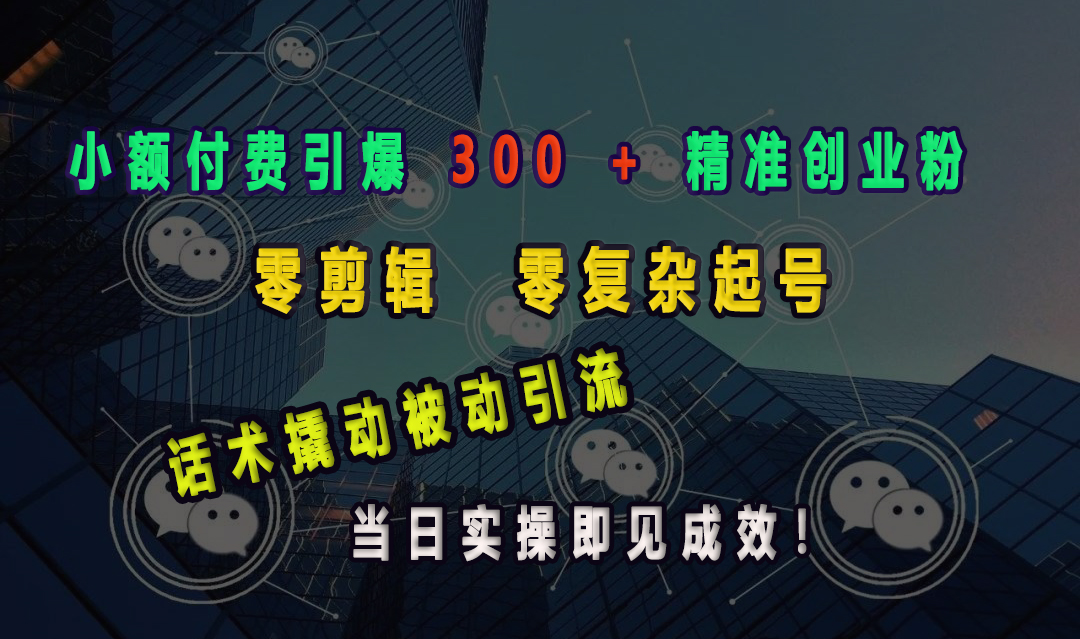 小额付费引爆 300 + 精准创业粉，零剪辑、零复杂起号，话术撬动被动引流，当日实操即见成效！网创吧-网创项目资源站-副业项目-创业项目-搞钱项目八海掘金网创吧