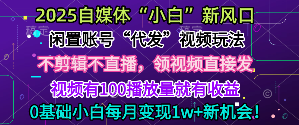 2025每月躺赚5w+新机会，闲置视频账号一键代发玩法，0粉不实名不剪辑，领了视频直接发，0基础小白也能日入300+网创吧-网创项目资源站-副业项目-创业项目-搞钱项目八海掘金网创吧