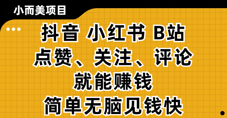 小而美的项目，抖音、小红书、B站视频点赞、关注、评论就能赚钱，简单无脑立见收益！妥妥的零撸项目网创吧-网创项目资源站-副业项目-创业项目-搞钱项目八海掘金网创吧